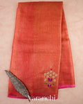 Burnt Orange Embroidered Tissue Silk Linen Saree