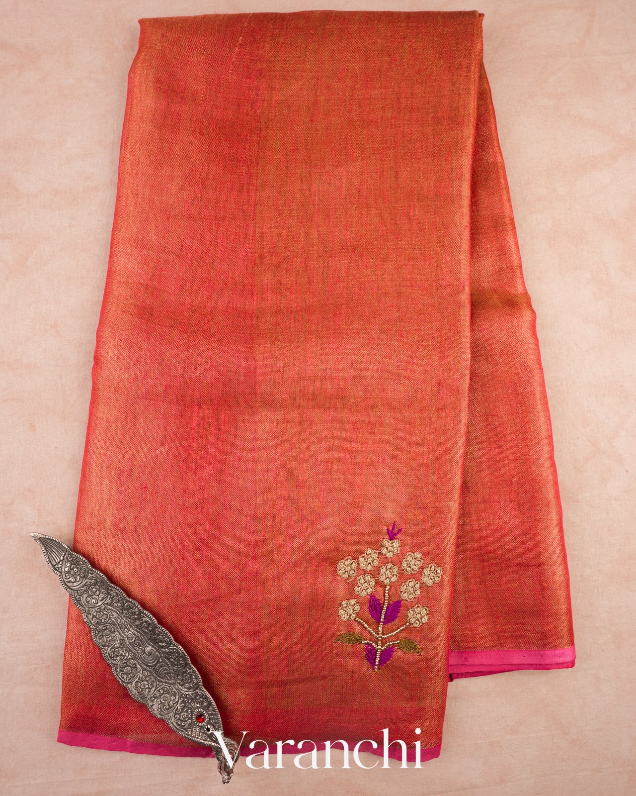 Burnt Orange Embroidered Tissue Silk Linen Saree