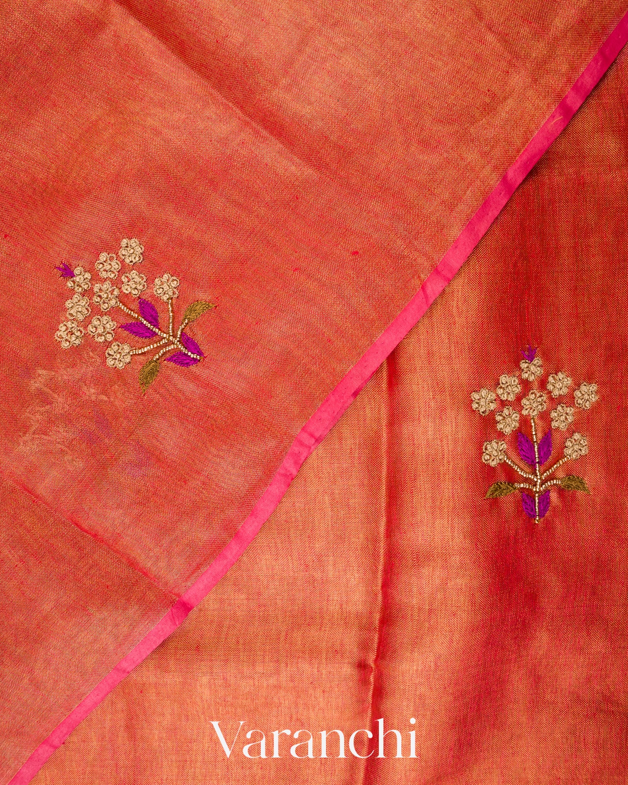 Burnt Orange Embroidered Tissue Silk Linen Saree
