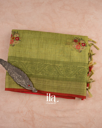 Olive Green Embroidered Silk Linen Tissue Saree