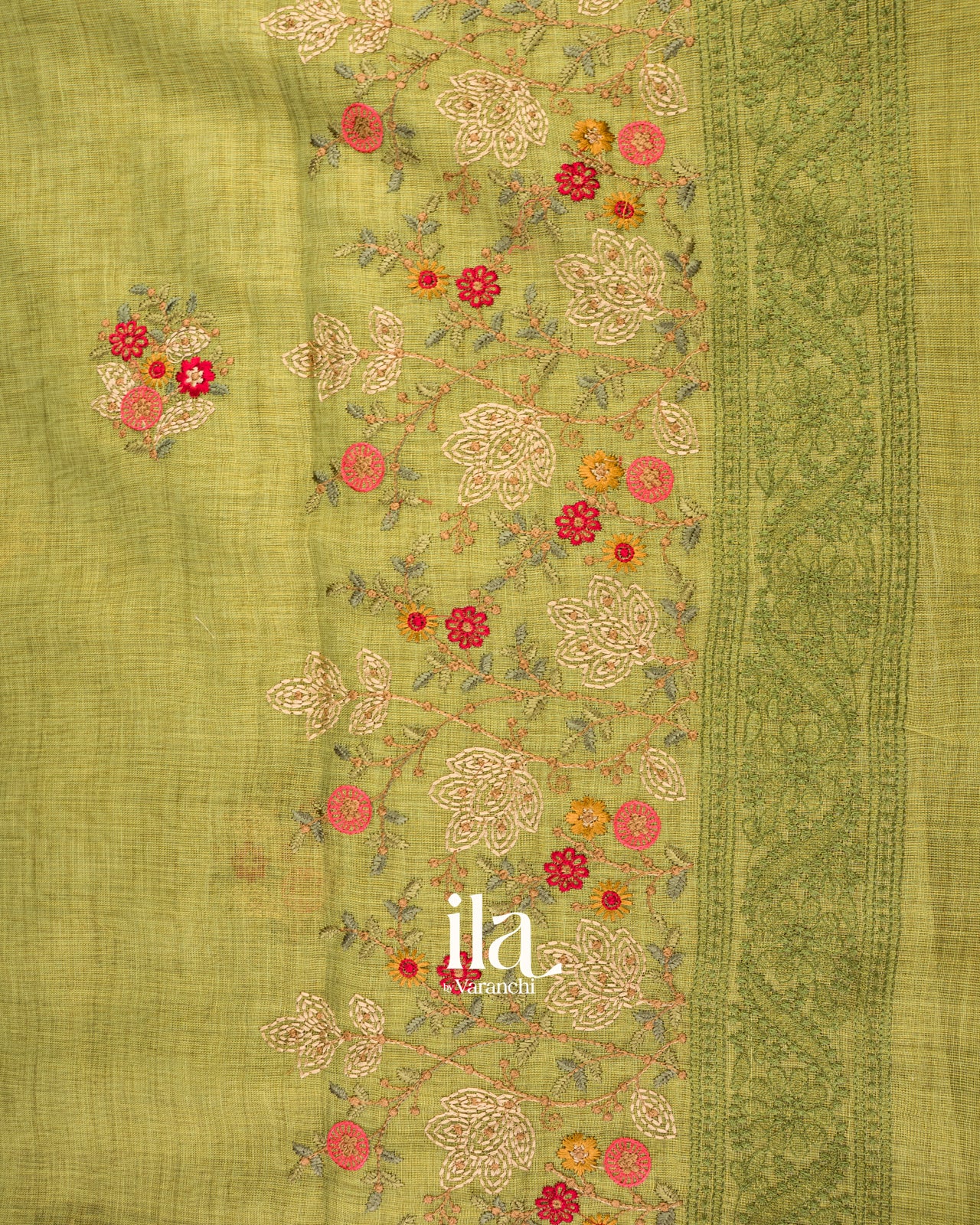 Olive Green Embroidered Silk Linen Tissue Saree