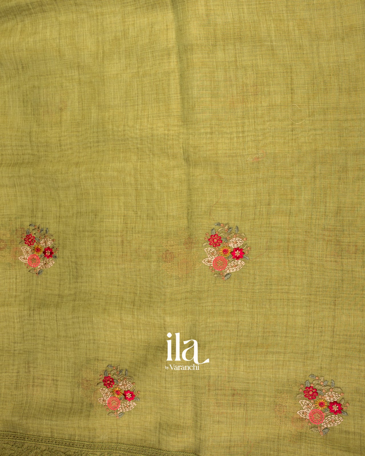 Olive Green Embroidered Silk Linen Tissue Saree