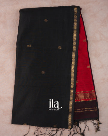 Jet Black Pure Maheshwari Silk Cotton Handloom Saree 