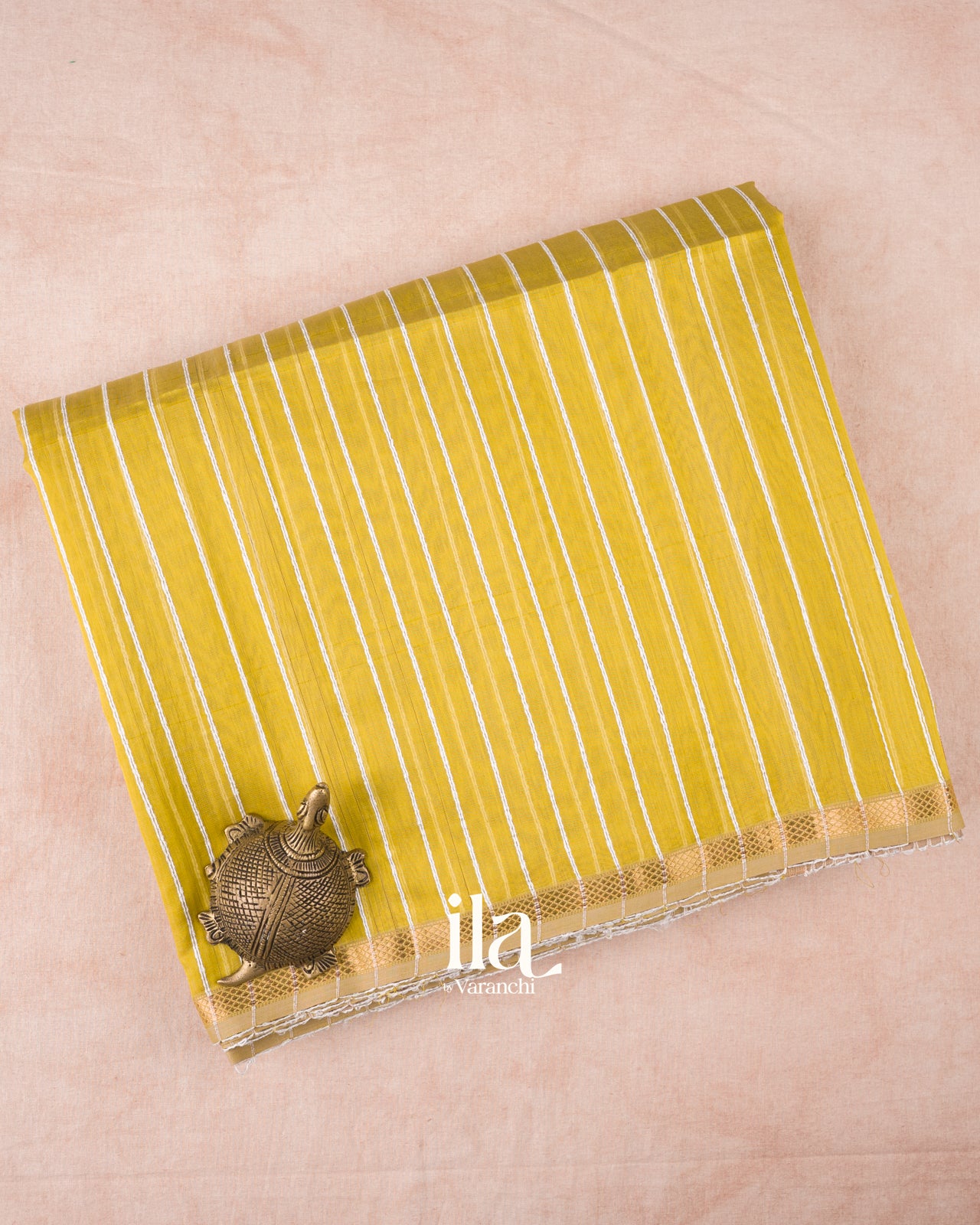 Olive Yellow Kosa Striped Pure Maheshwari Silk Cotton Handloom Saree