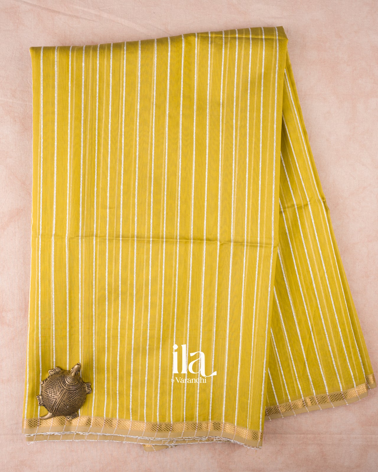 Olive Yellow Kosa Striped Pure Maheshwari Silk Cotton Handloom Saree
