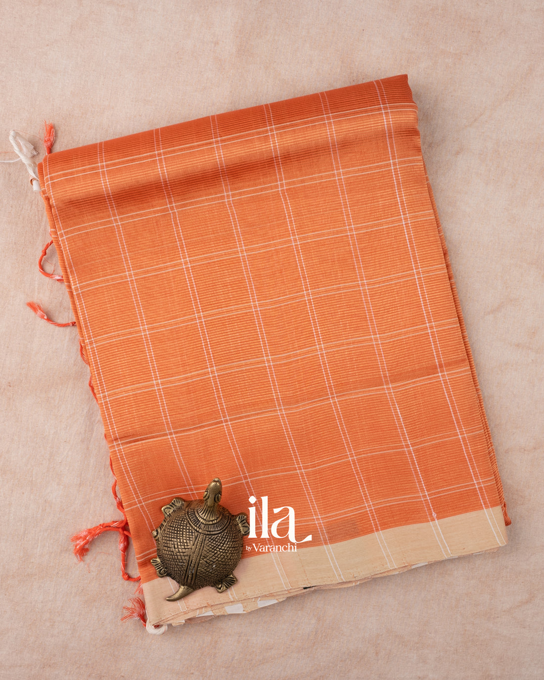 Bright Peach Checks Mangalgiri Silk Cotton Handloom Saree 