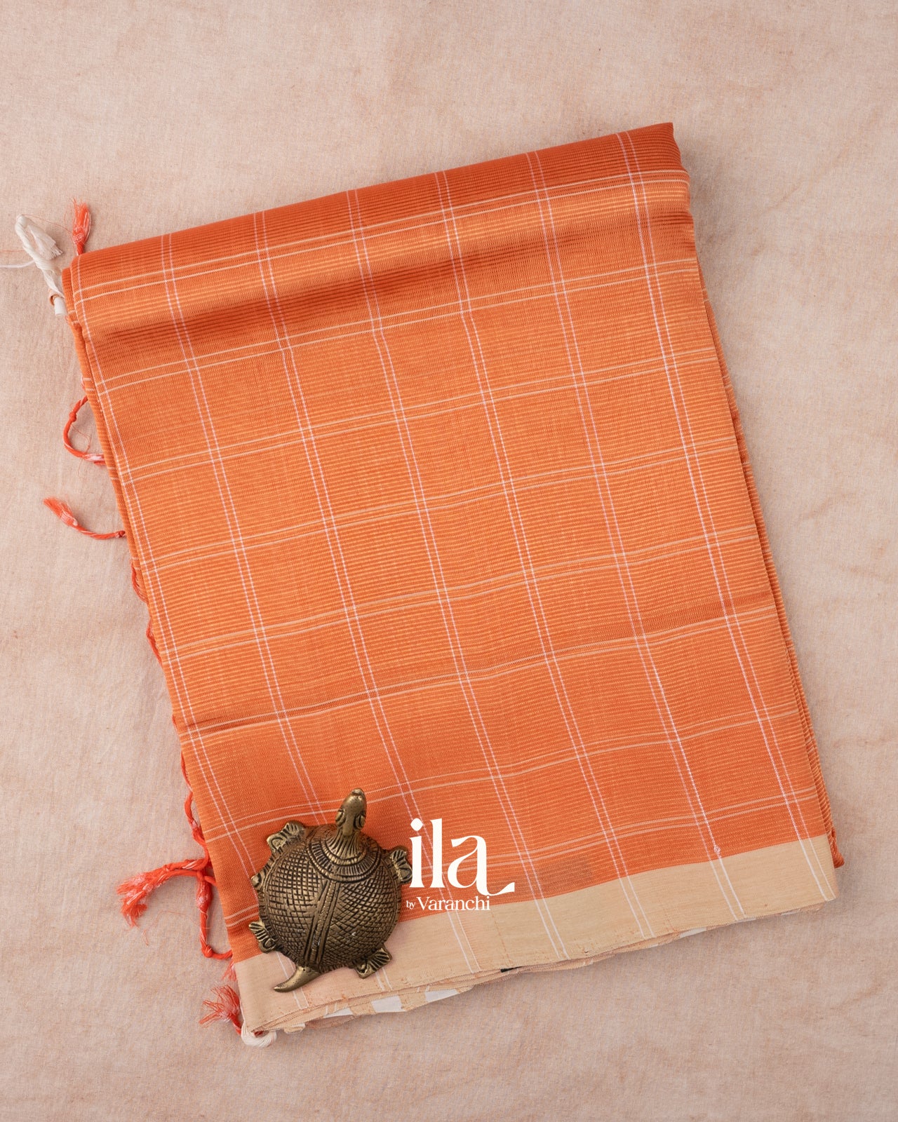 Bright Peach Checks Mangalgiri Silk Cotton Handloom Saree 