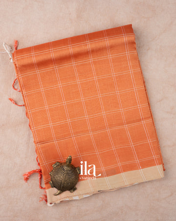 Bright Peach Checks Mangalgiri Silk Cotton Handloom Saree 