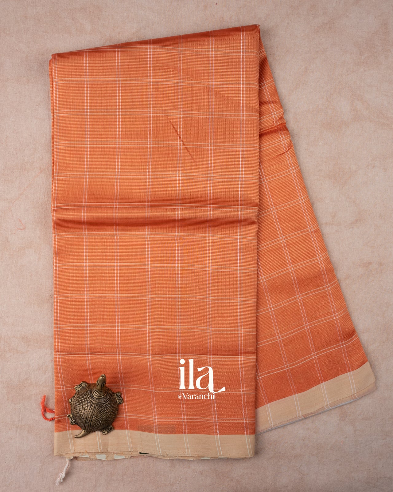 Bright Peach Checks Mangalgiri Silk Cotton Handloom Saree 
