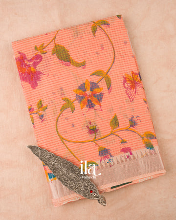 Light Peach  Floral Printed and Striped Mangalgiri Silk Cotton Handloom Saree 