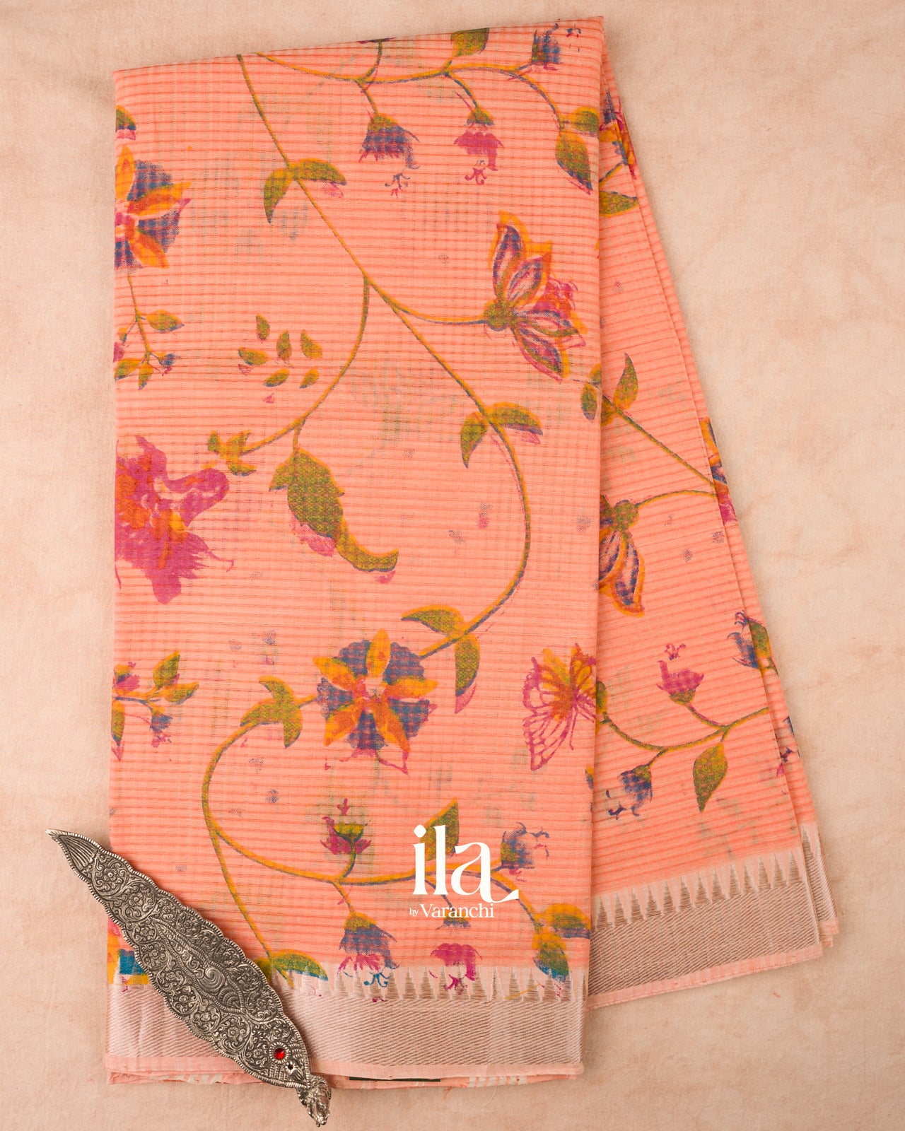 Light Peach  Floral Printed and Striped Mangalgiri Silk Cotton Handloom Saree 