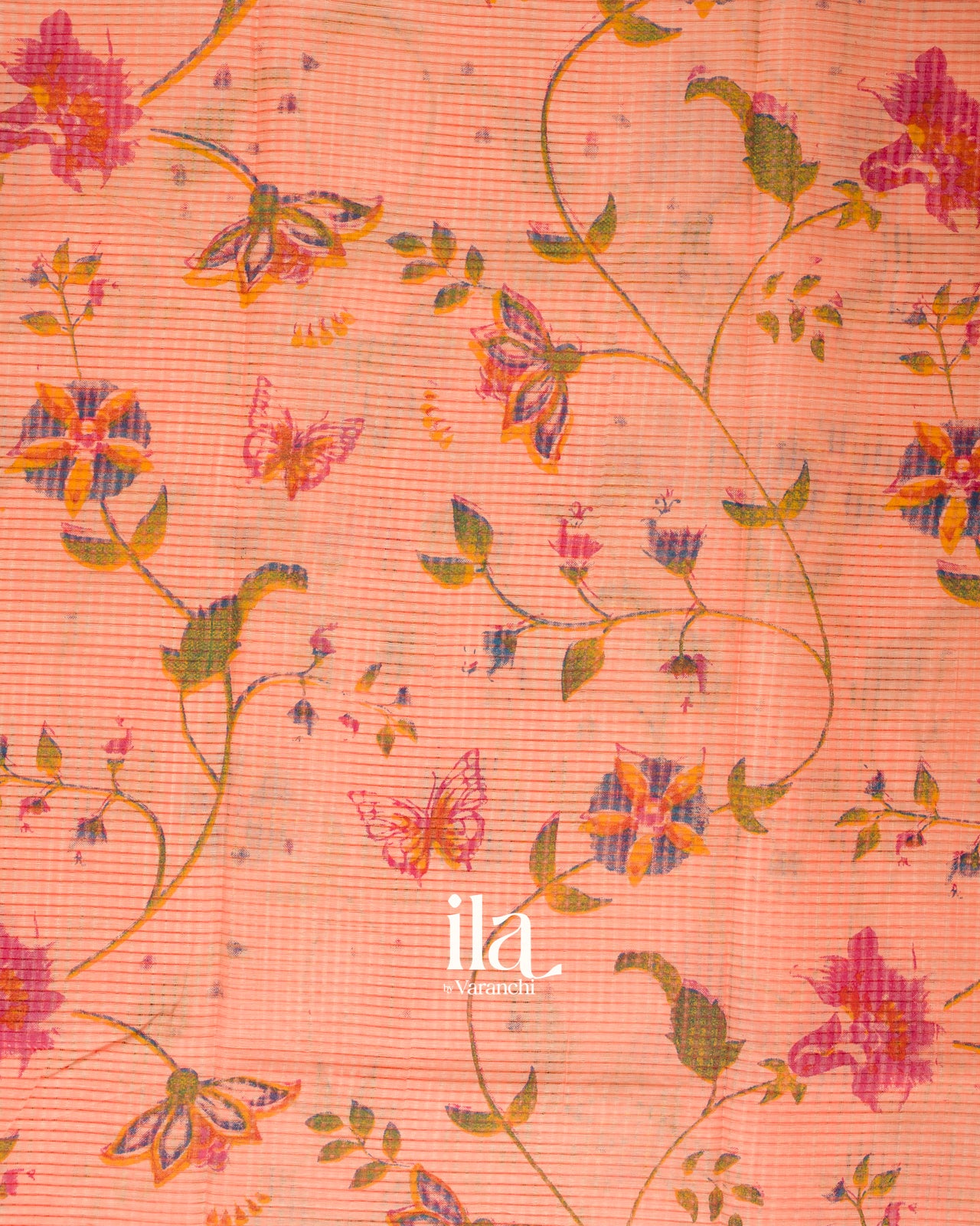 Light Peach  Floral Printed and Striped Mangalgiri Silk Cotton Handloom Saree 