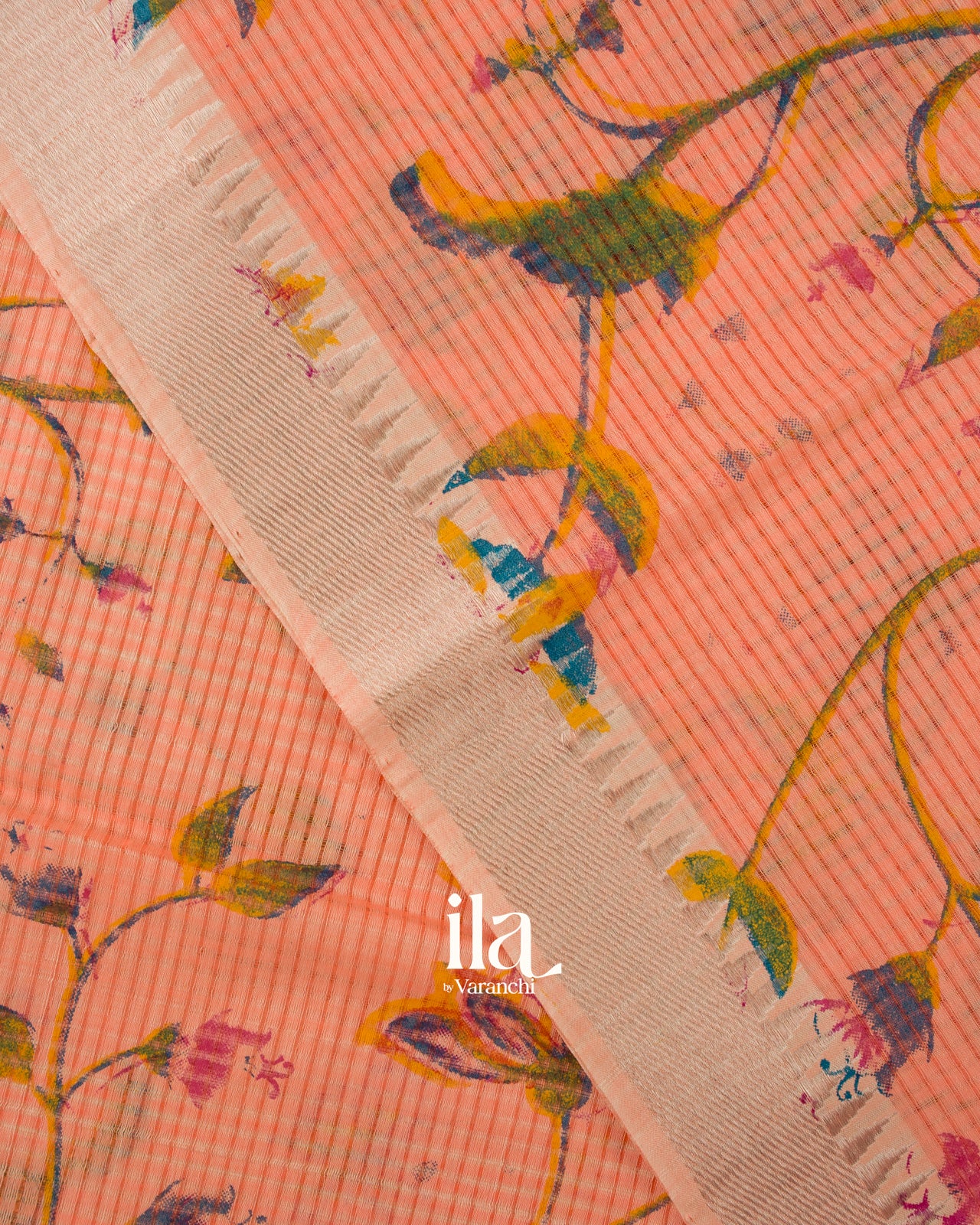 Light Peach  Floral Printed and Striped Mangalgiri Silk Cotton Handloom Saree 