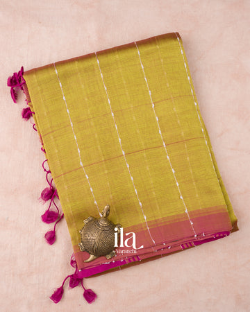 Mehendi Green Striped Mangalgiri Silk Cotton Handloom Saree 