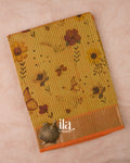 Mustard Yellow Floral Printed and Striped Mangalgiri Silk Cotton Handloom Saree