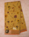 Mustard Yellow Floral Printed and Striped Mangalgiri Silk Cotton Handloom Saree