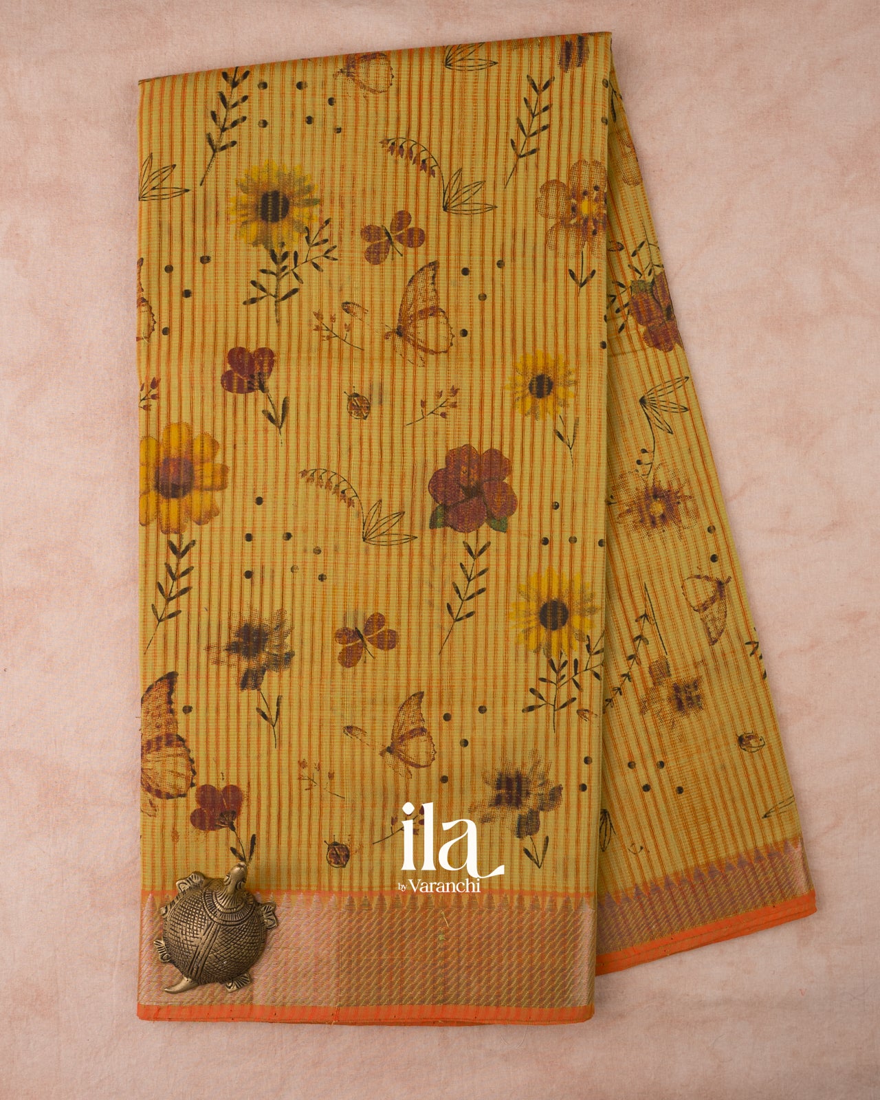 Mustard Yellow Floral Printed and Striped Mangalgiri Silk Cotton Handloom Saree