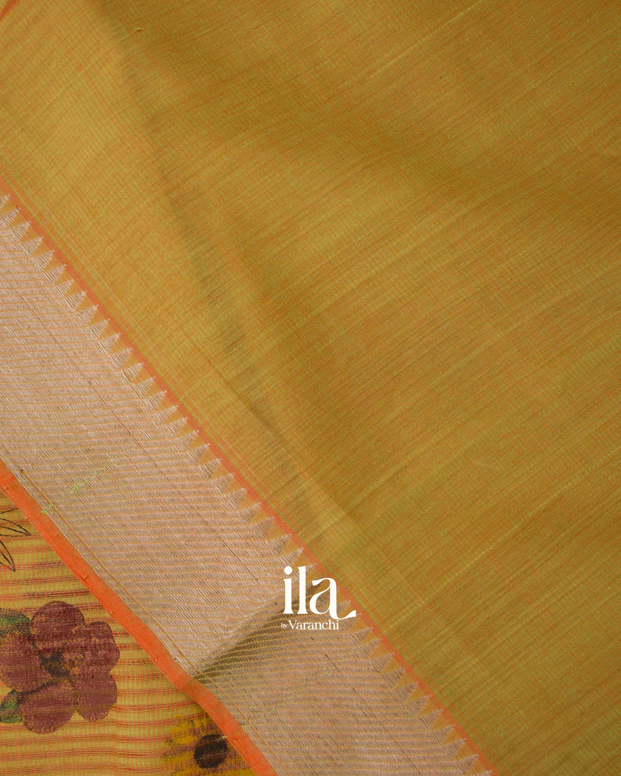 Mustard Yellow Floral Printed and Striped Mangalgiri Silk Cotton Handloom Saree