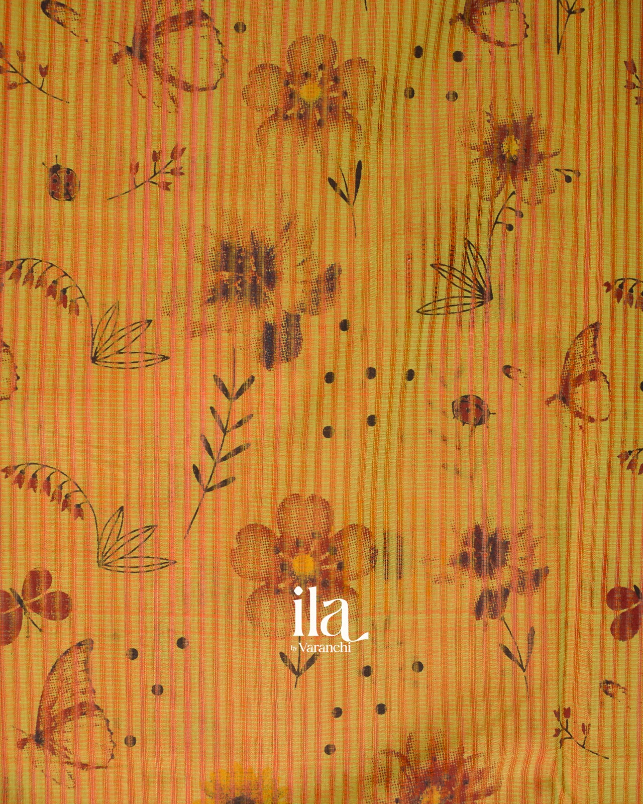 Mustard Yellow Floral Printed and Striped Mangalgiri Silk Cotton Handloom Saree