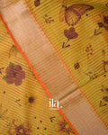 Mustard Yellow Floral Printed and Striped Mangalgiri Silk Cotton Handloom Saree