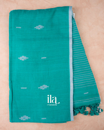 Deep Turquoise Blue Jamdani Pure Mul Mul Cotton Handloom Saree 