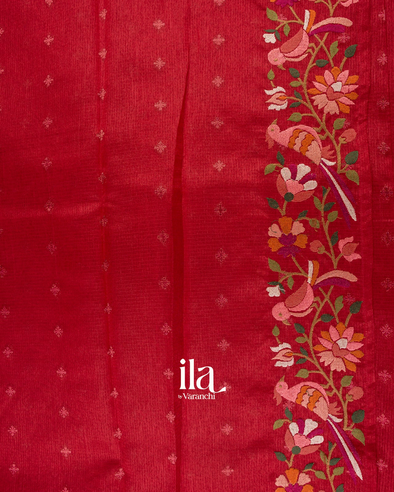 Crimson Red Embroidered Semi Kota Silk Saree