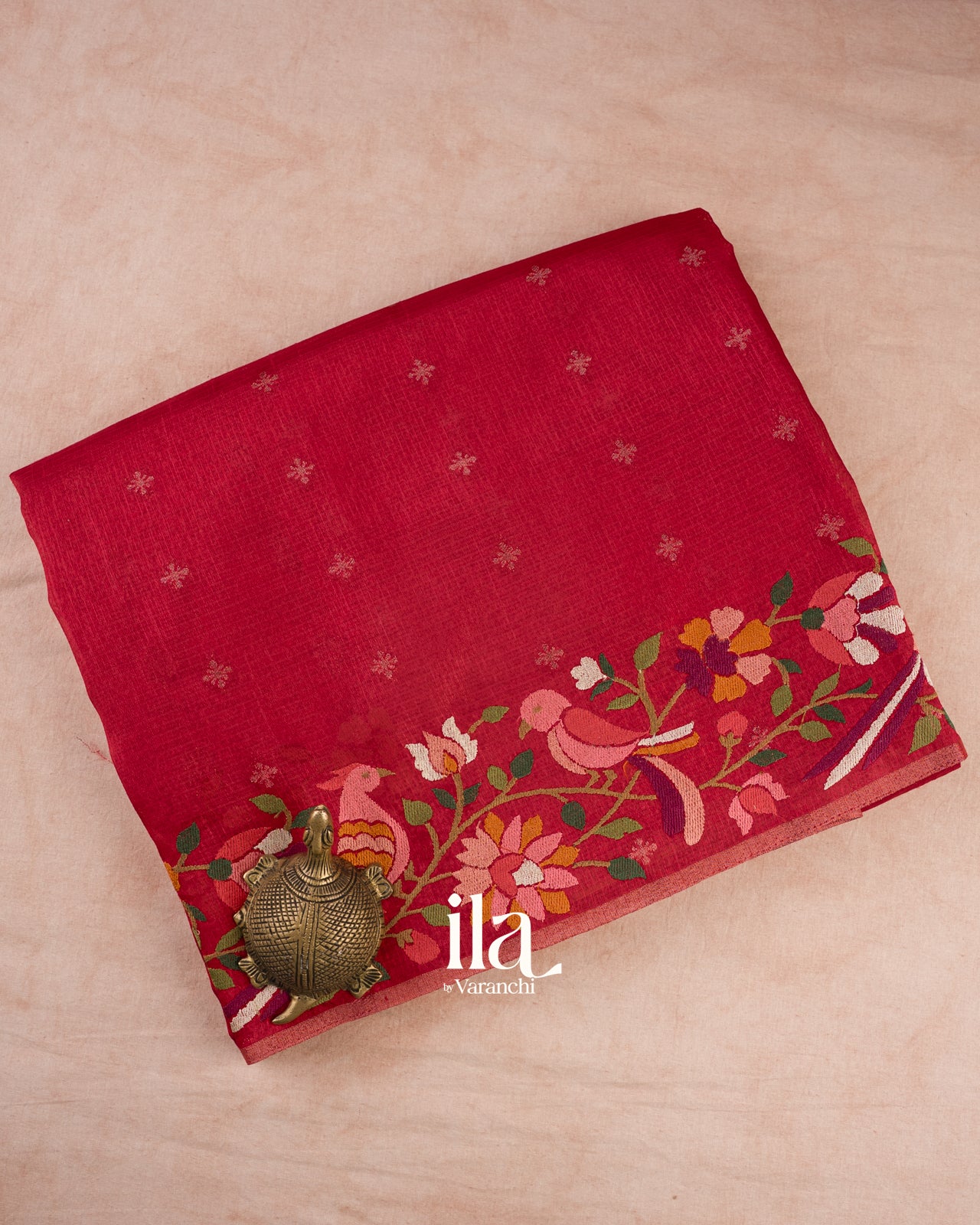Crimson Red Embroidered Semi Kota Silk Saree