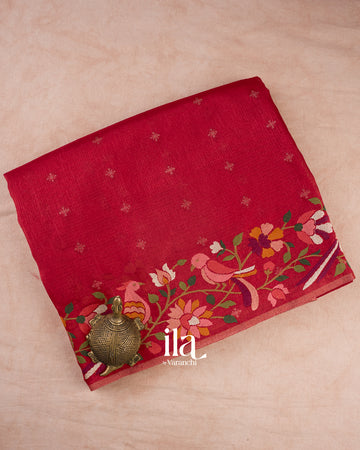Crimson Red Embroidered Semi Kota Silk Saree