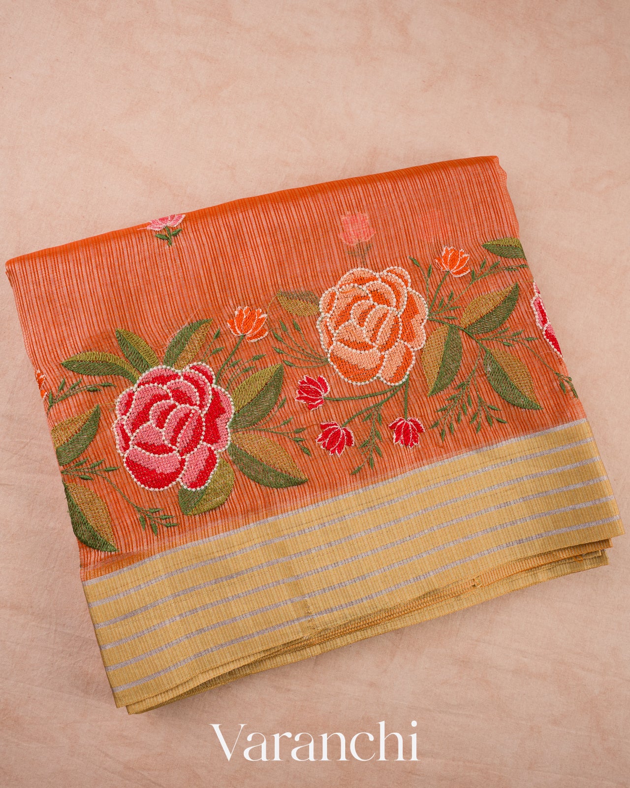 Coral Orange Embroidered Semi Kota Silk Saree