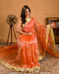 Coral Orange Embroidered Semi Kota Silk Saree