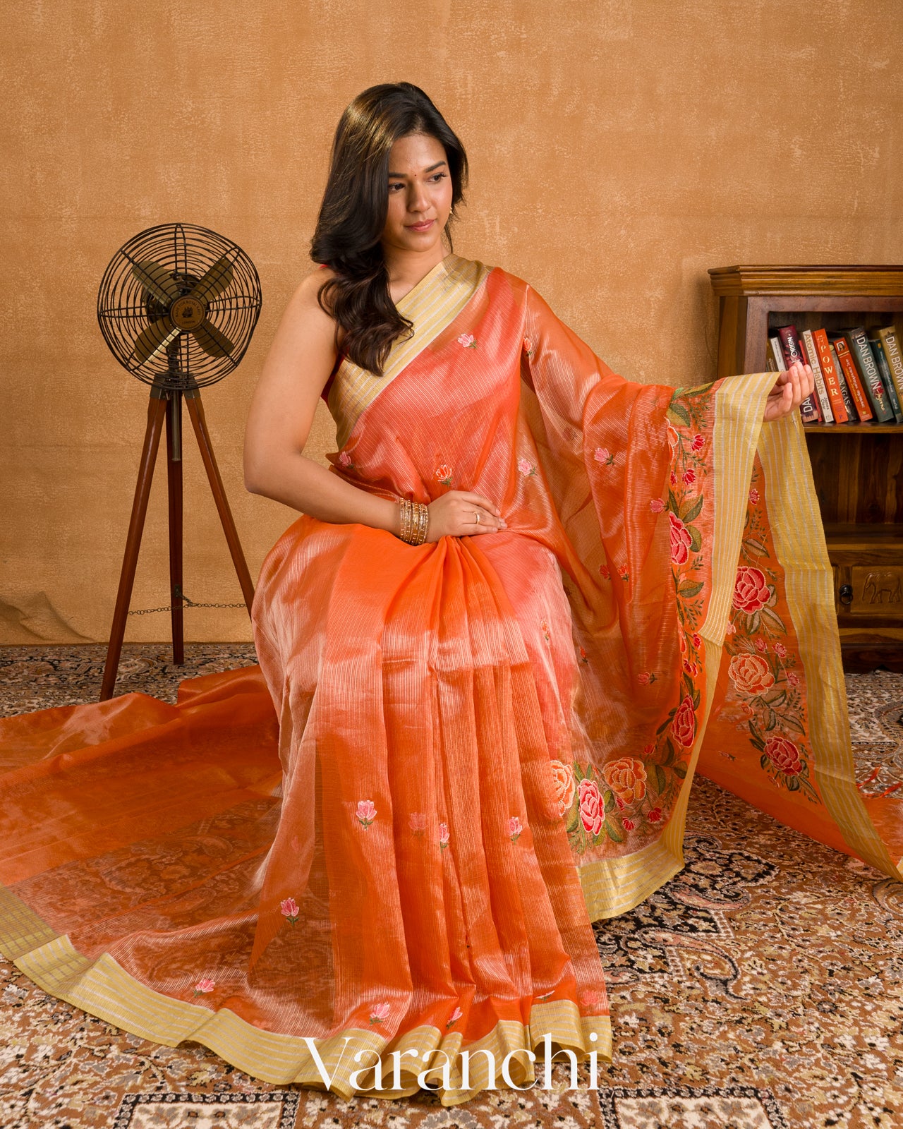 Coral Orange Embroidered Semi Kota Silk Saree
