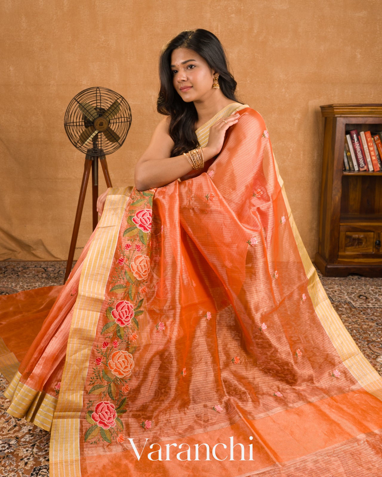 Coral Orange Embroidered Semi Kota Silk Saree