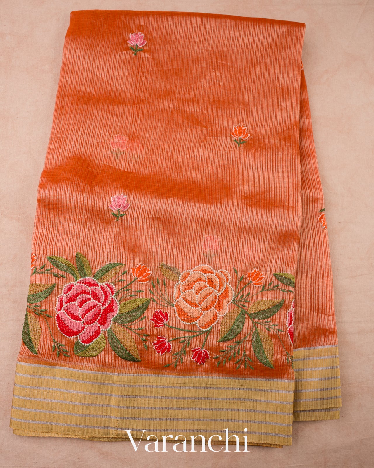 Coral Orange Embroidered Semi Kota Silk Saree