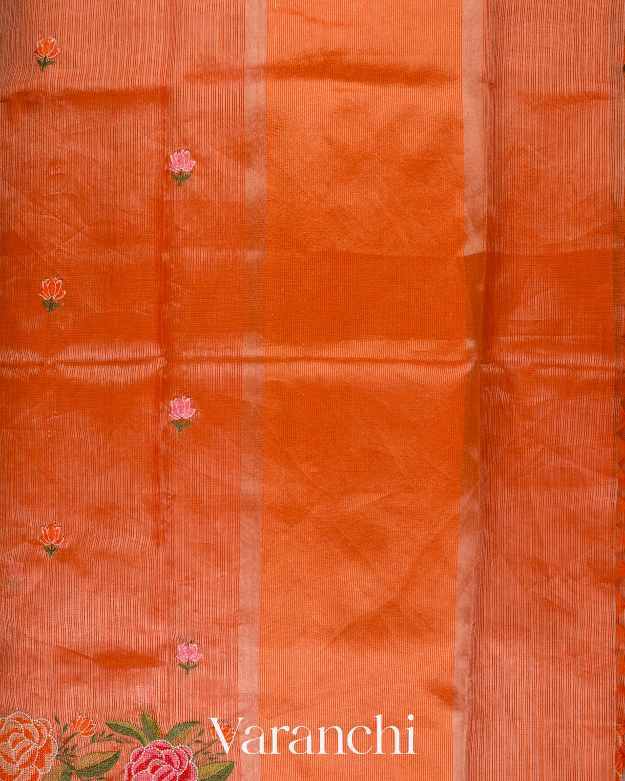 Coral Orange Embroidered Semi Kota Silk Saree