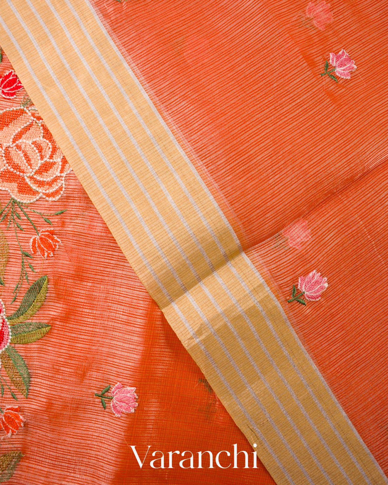 Coral Orange Embroidered Semi Kota Silk Saree