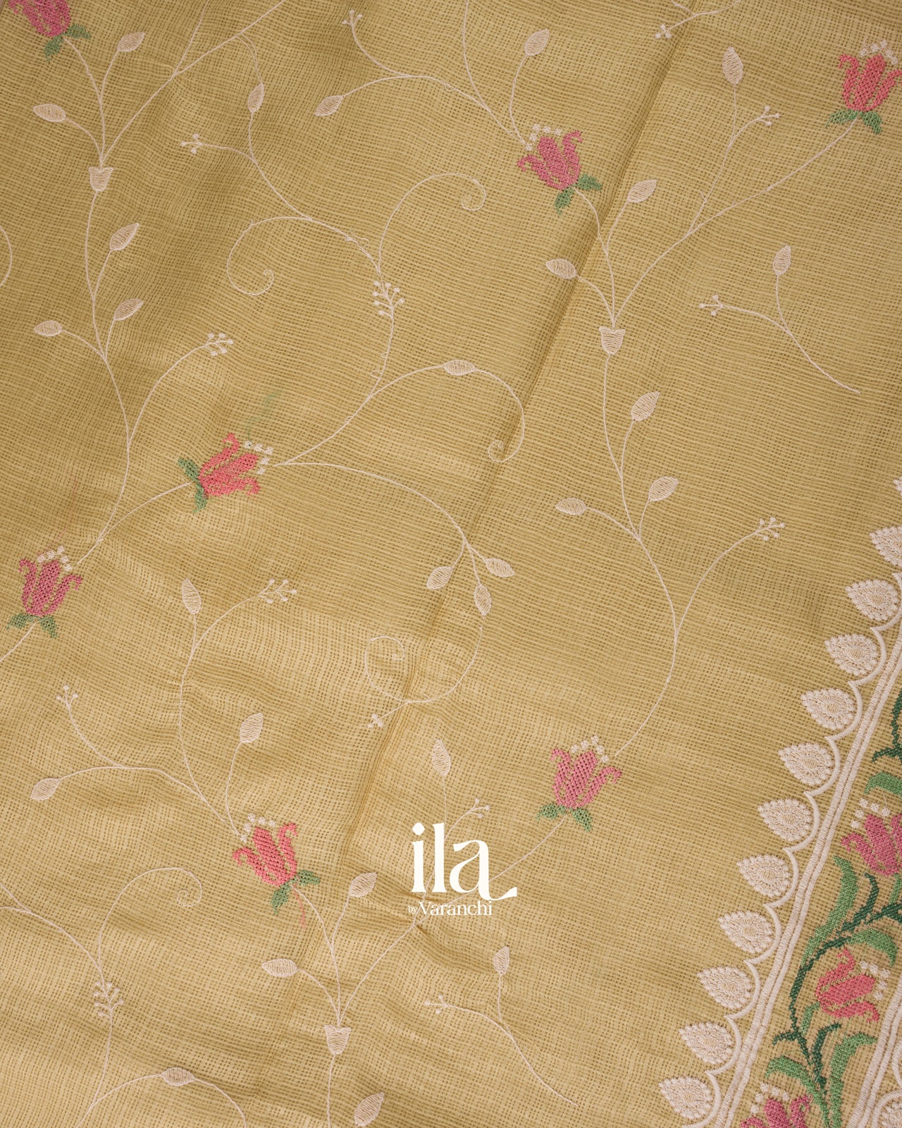 Cream Floral Embroidered Semi Kota Silk Saree 