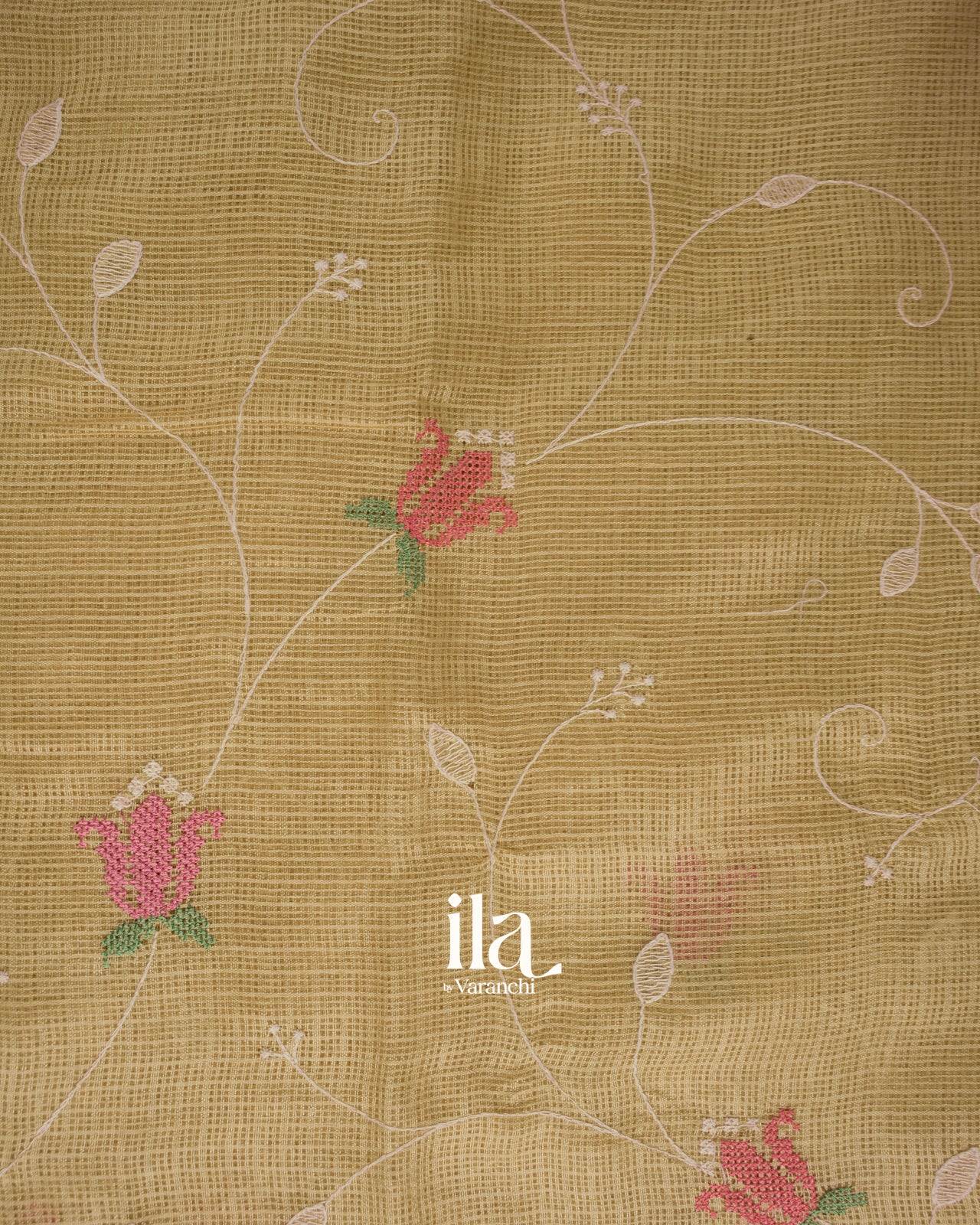 Cream Floral Embroidered Semi Kota Silk Saree 