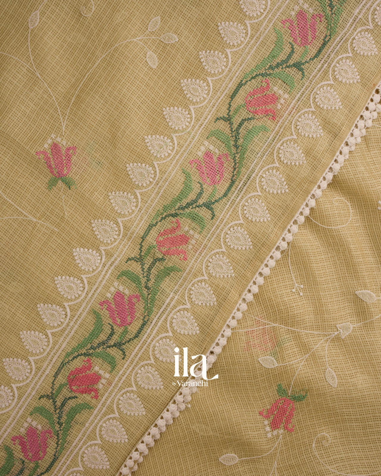 Cream Floral Embroidered Semi Kota Silk Saree 