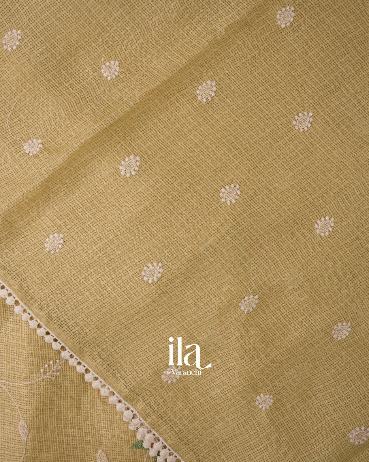 Cream Floral Embroidered Semi Kota Silk Saree 