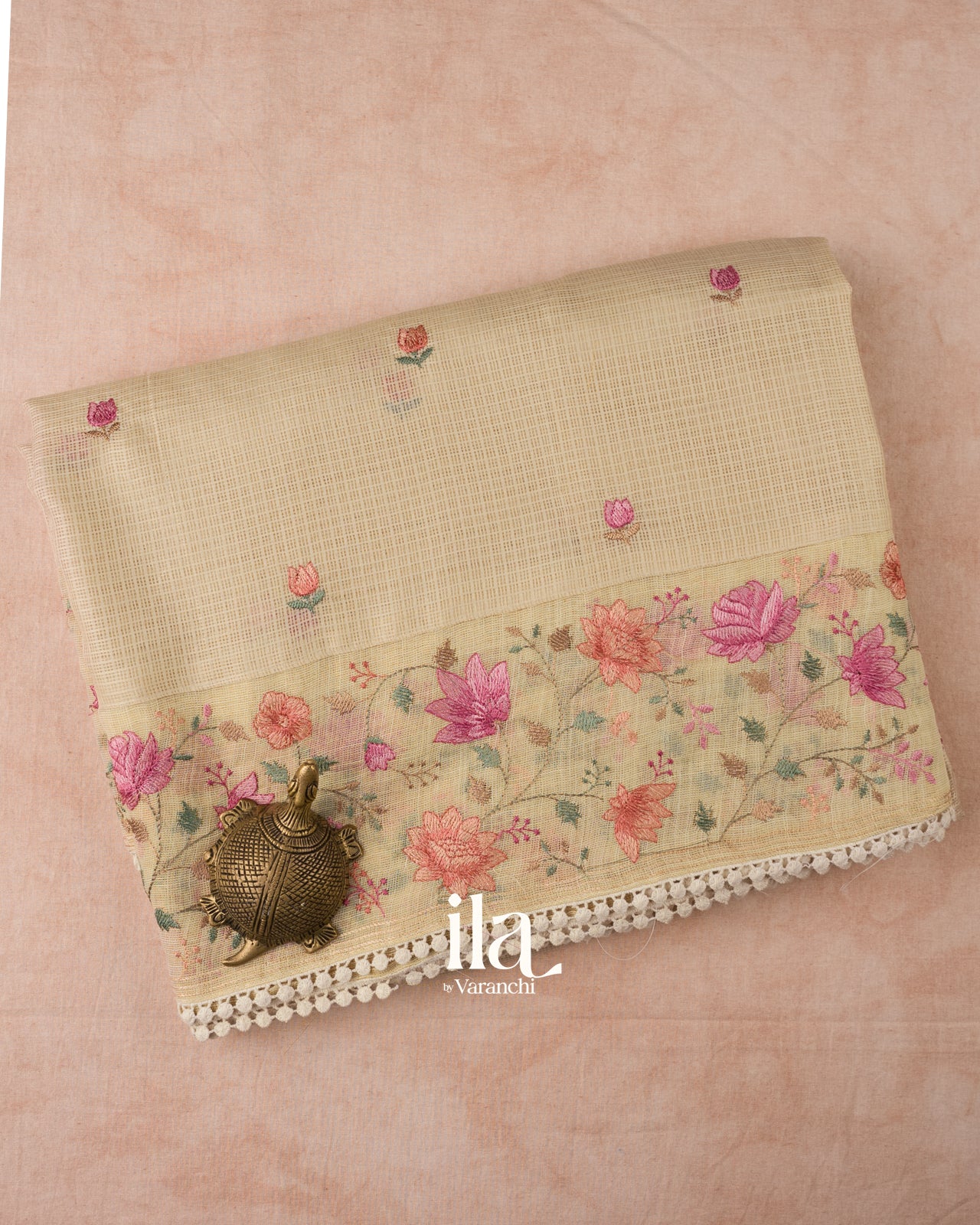 Ivory Floral Embroidered Semi Kota Silk Saree 