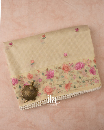Ivory Floral Embroidered Semi Kota Silk Saree 