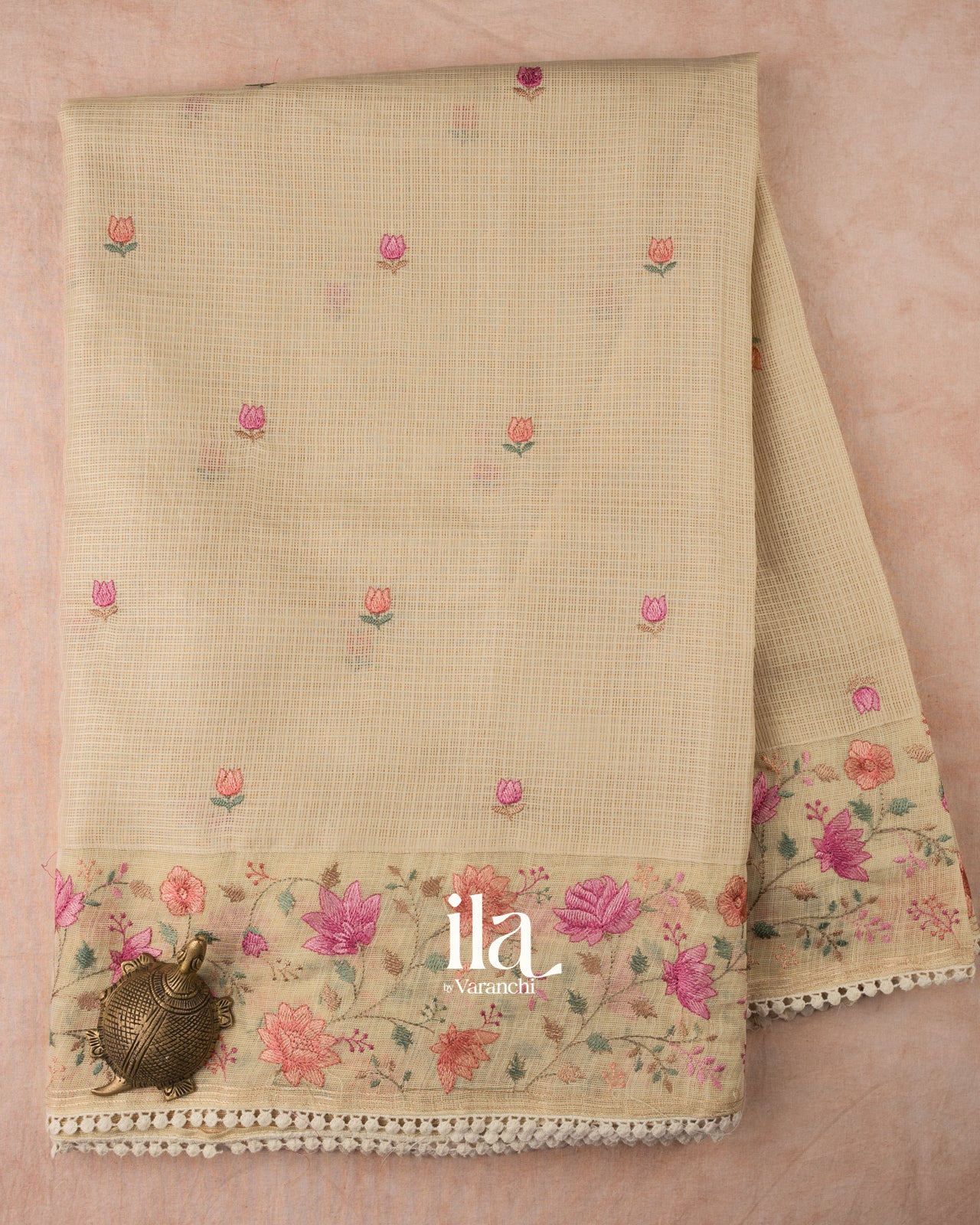 Ivory Floral Embroidered Semi Kota Silk Saree 