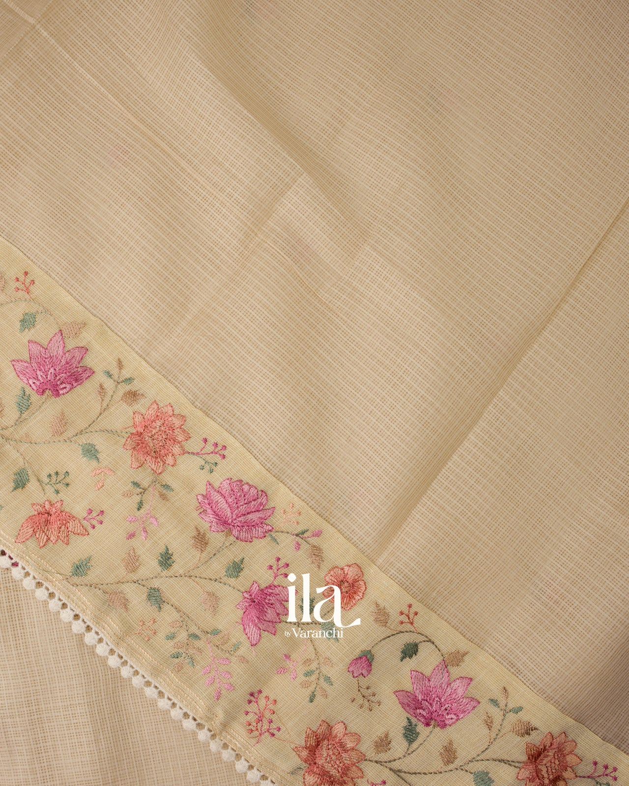Ivory Floral Embroidered Semi Kota Silk Saree 