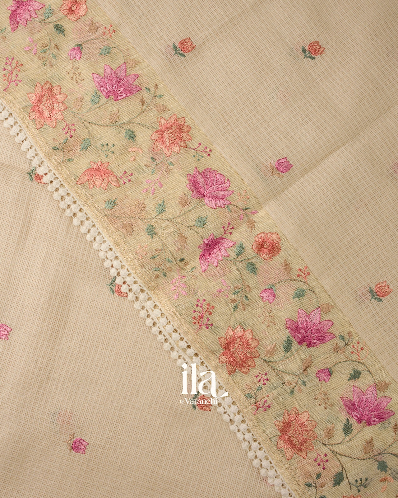 Ivory Floral Embroidered Semi Kota Silk Saree 
