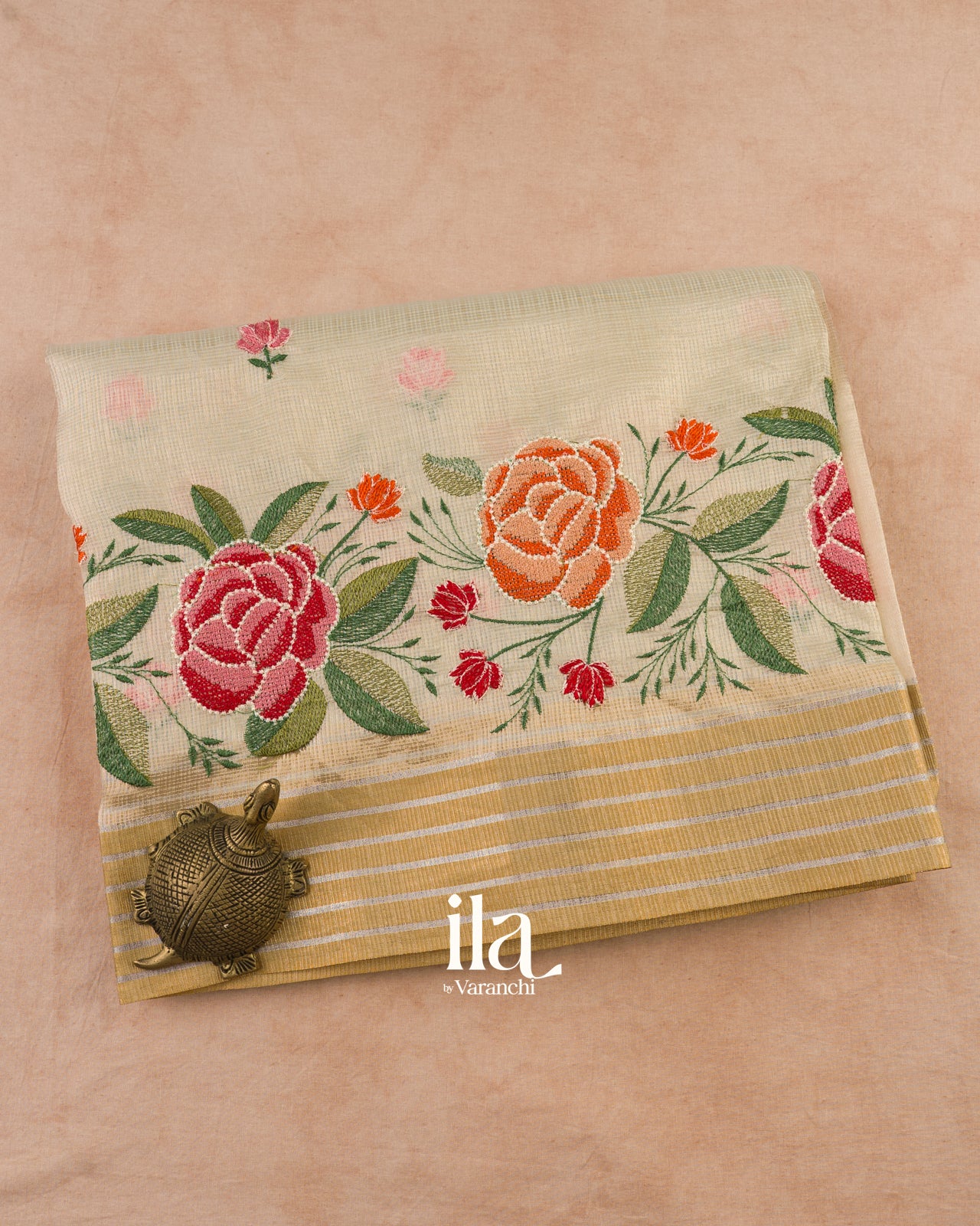 Soft Beige Floral Embroidered Semi Kota Silk Saree