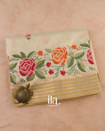 Soft Beige Floral Embroidered Semi Kota Silk Saree
