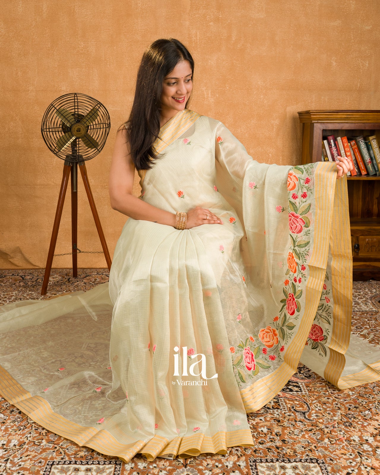 Soft Beige Floral Embroidered Semi Kota Silk Saree
