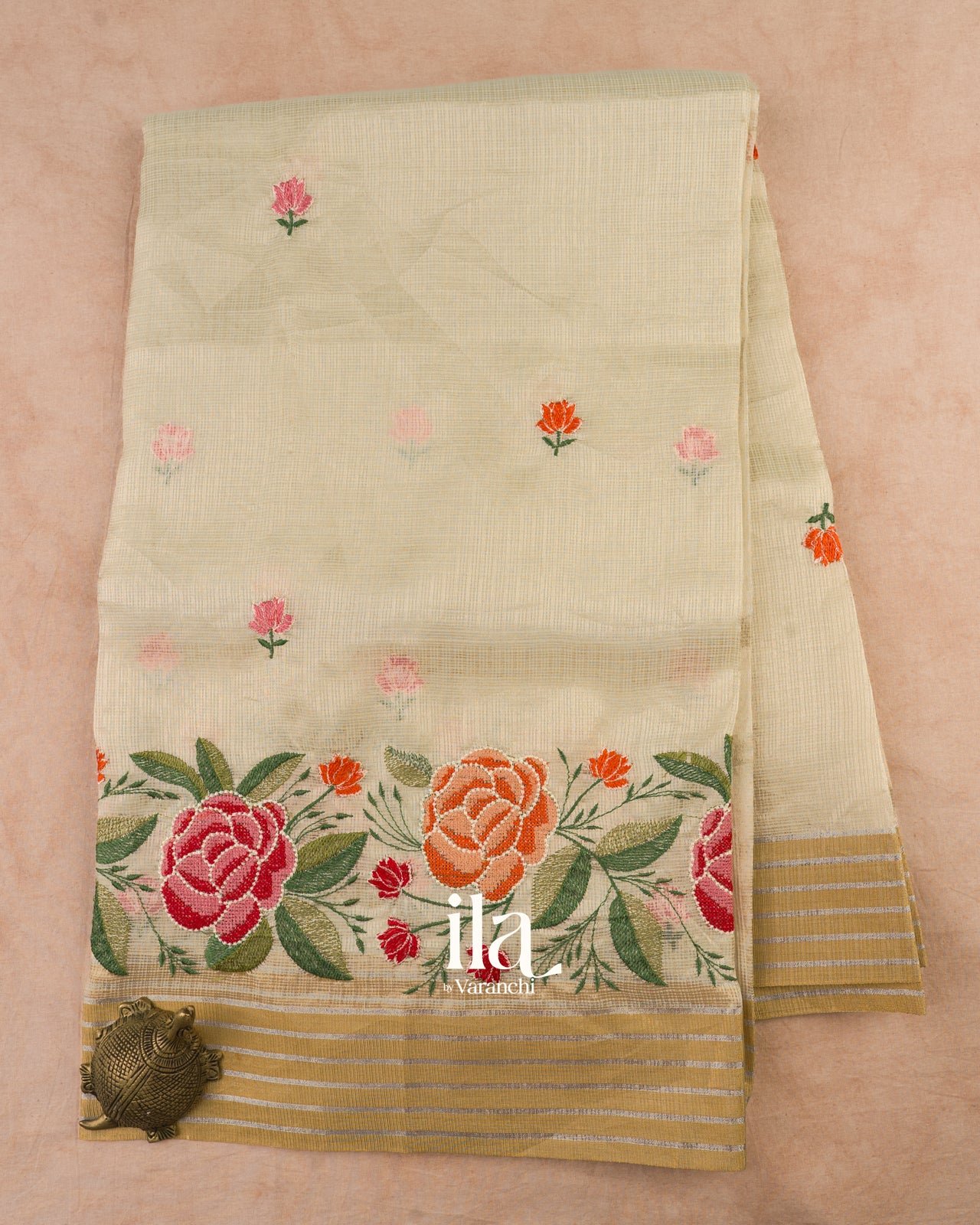 Soft Beige Floral Embroidered Semi Kota Silk Saree