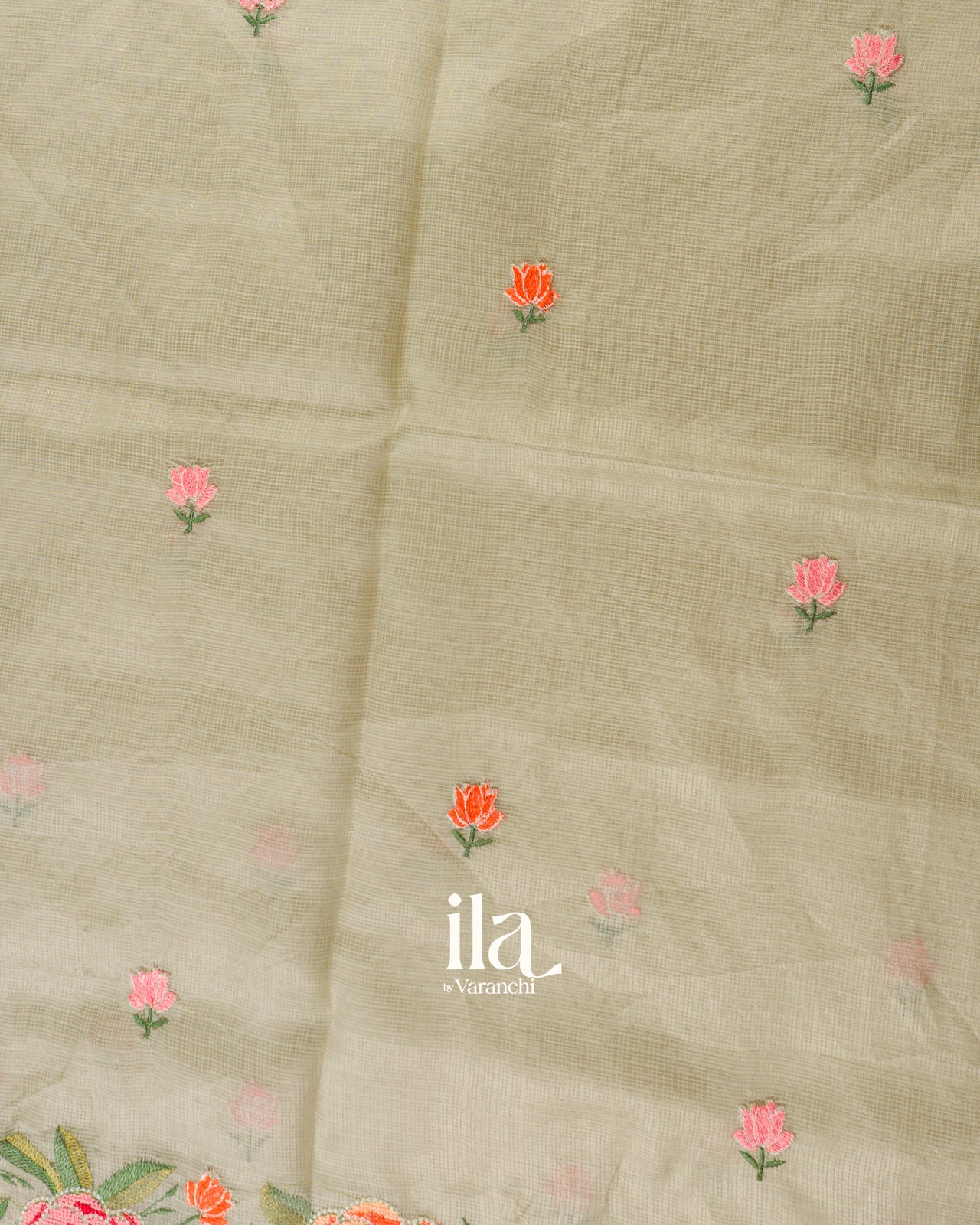 Soft Beige Floral Embroidered Semi Kota Silk Saree