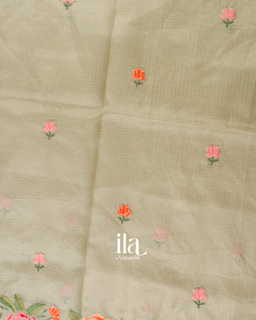Soft Beige Floral Embroidered Semi Kota Silk Saree